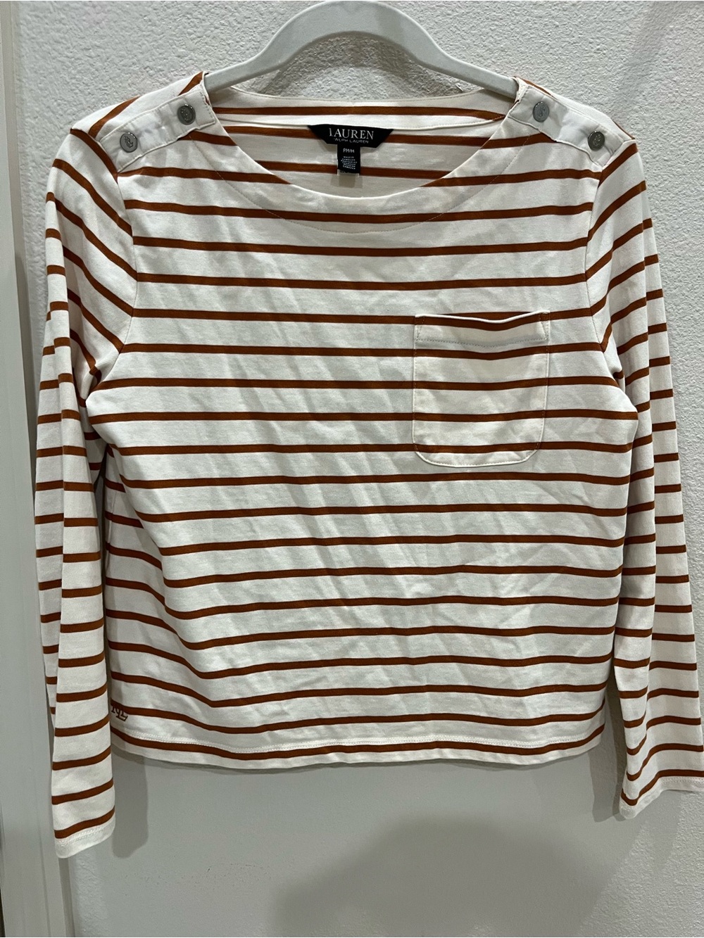 Ralph Lauren Striped Boatneck Long-Sleeve Top in Cream and Brown MP - Picture 2 of 6